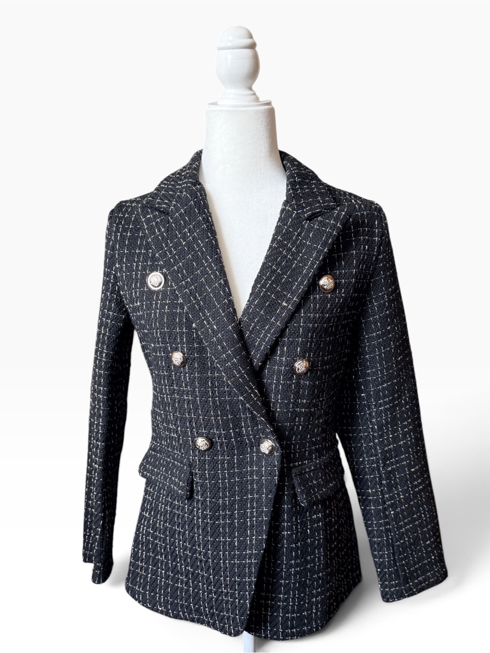 Double-Breasted Black Tweed Blazer Jacket